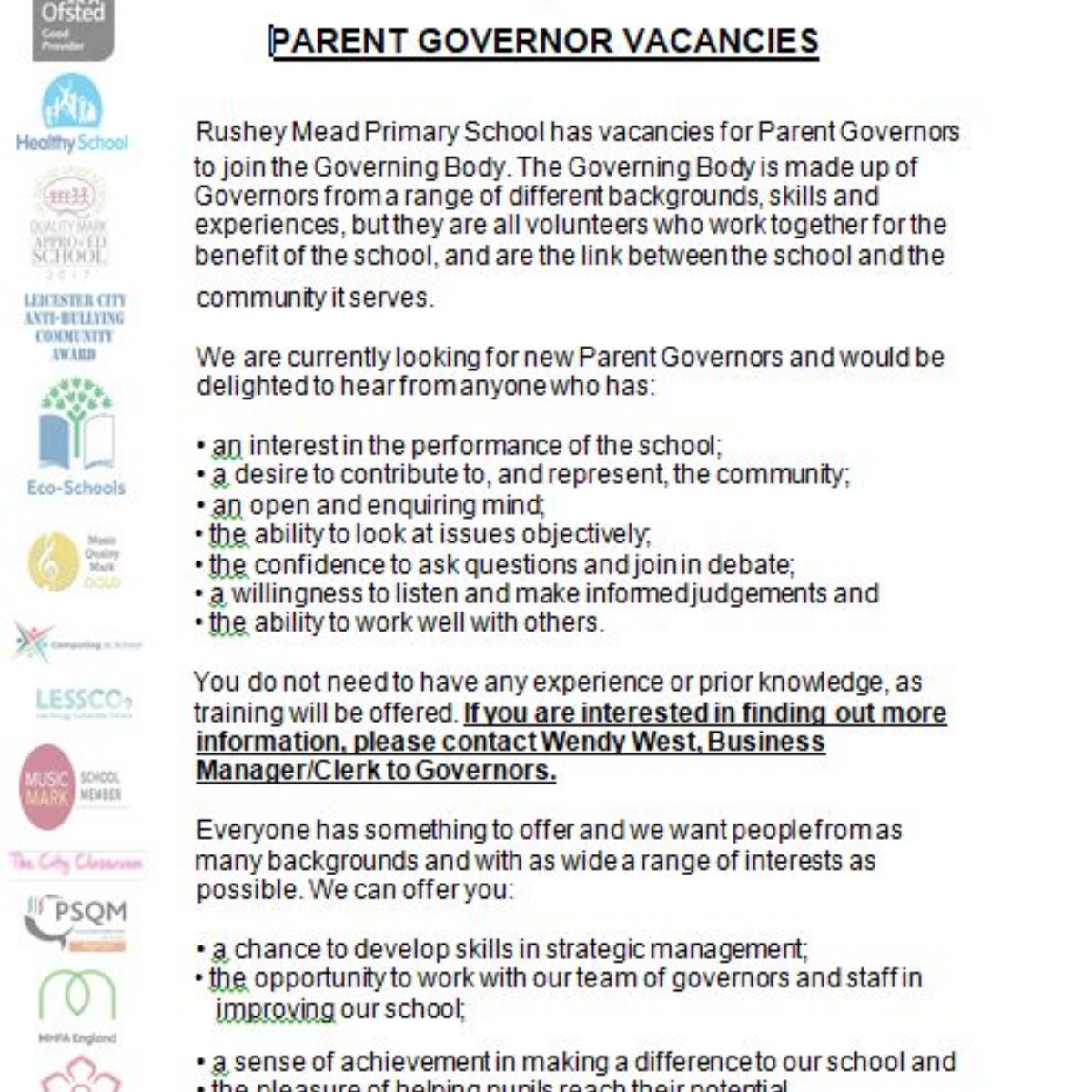 Would you like to be a school governor? Rushey Mead Primary School